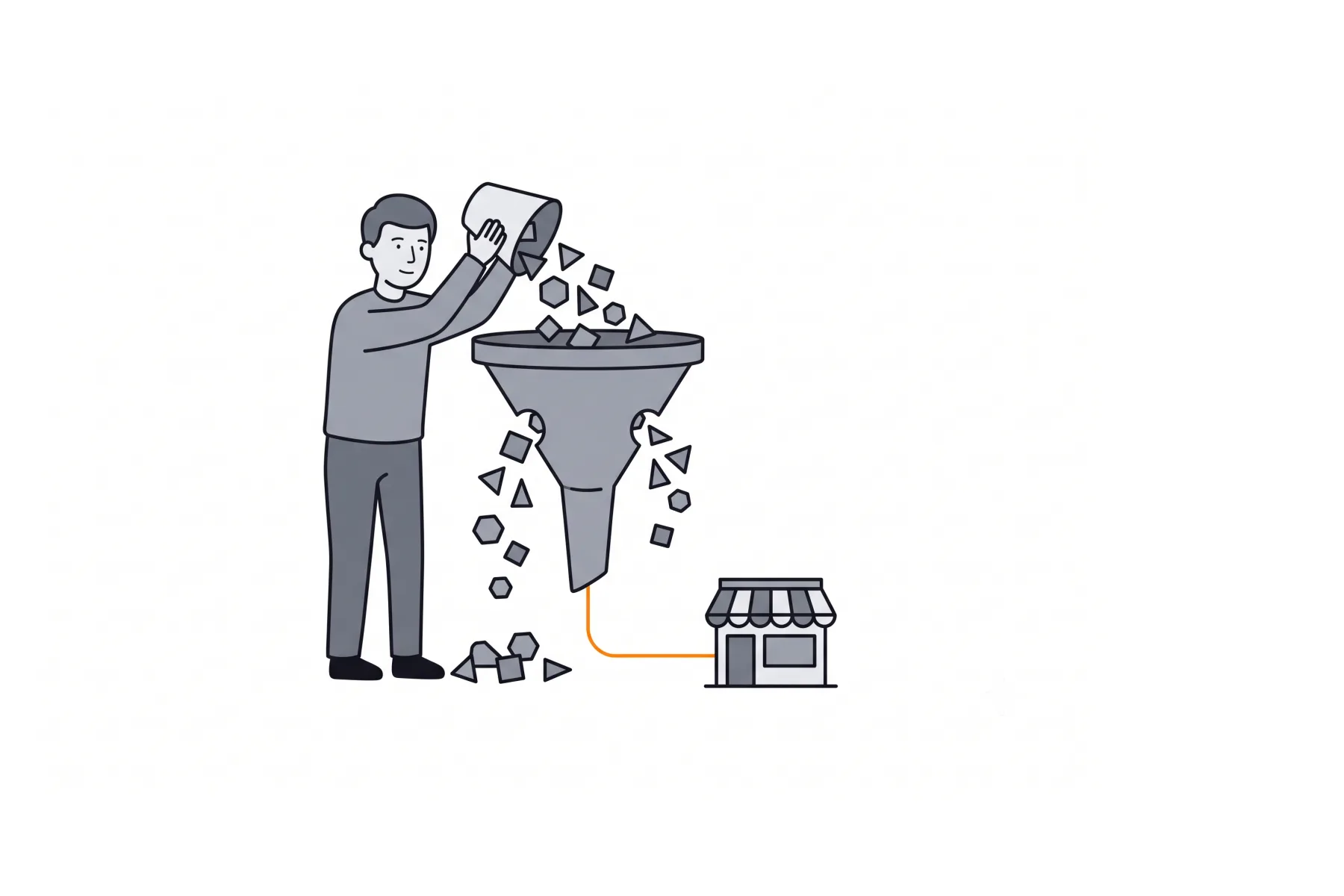 A figure pouring effort into a leaking funnel, with one orange stream reaching a small shopfront